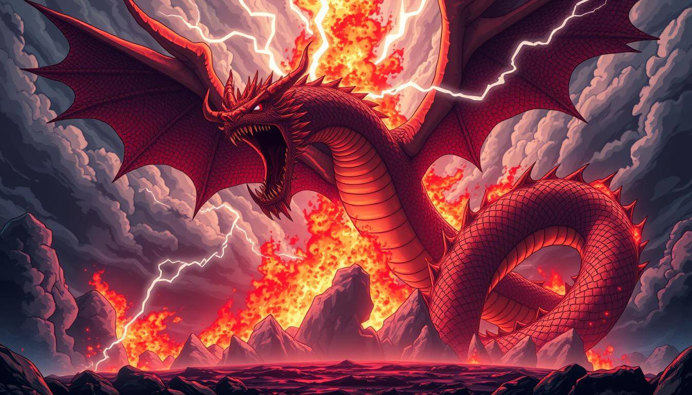 a red dragon with wings and a lightning bolt in the background